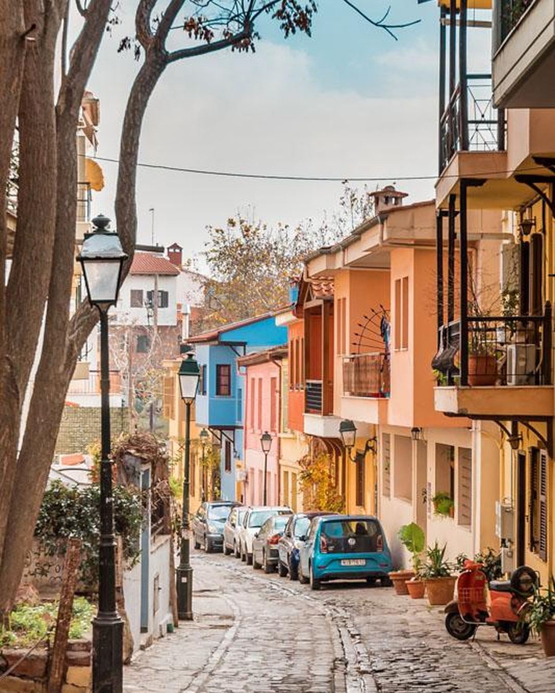 A colorful cobbled street in Ano Poli, the Upper Town of Thessaloniki