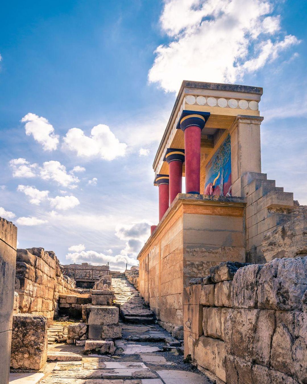 The restored red columns of the Palace of Knossos
