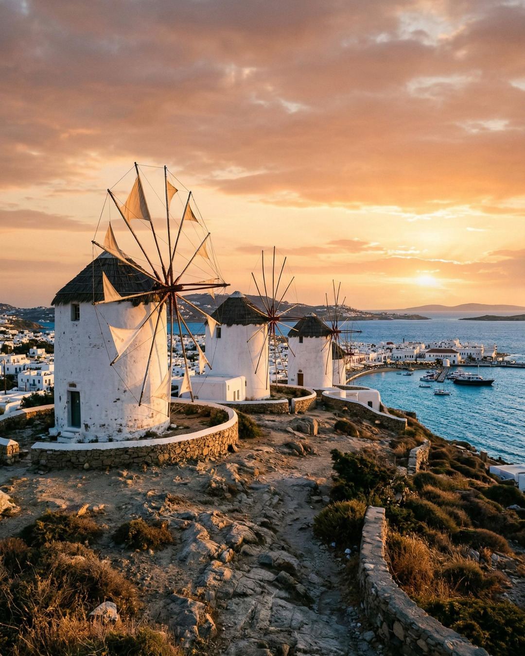The Mykonos windmills on a hilltop at sunset