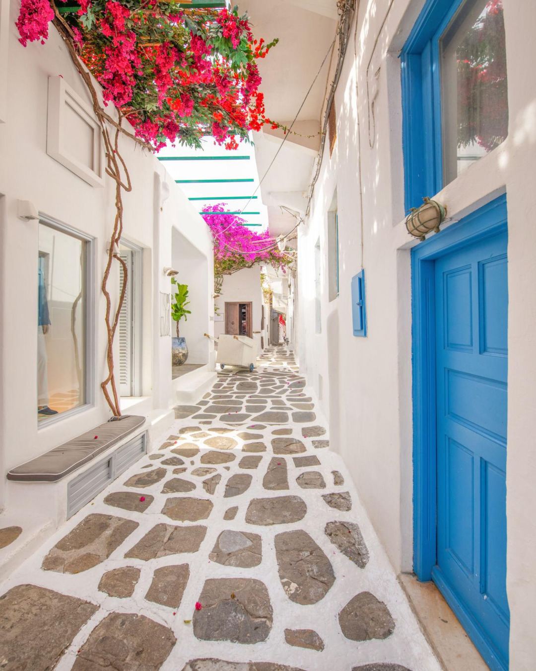 A whitewashed alley in Mykonos Town with a blue door and bougainvillea
