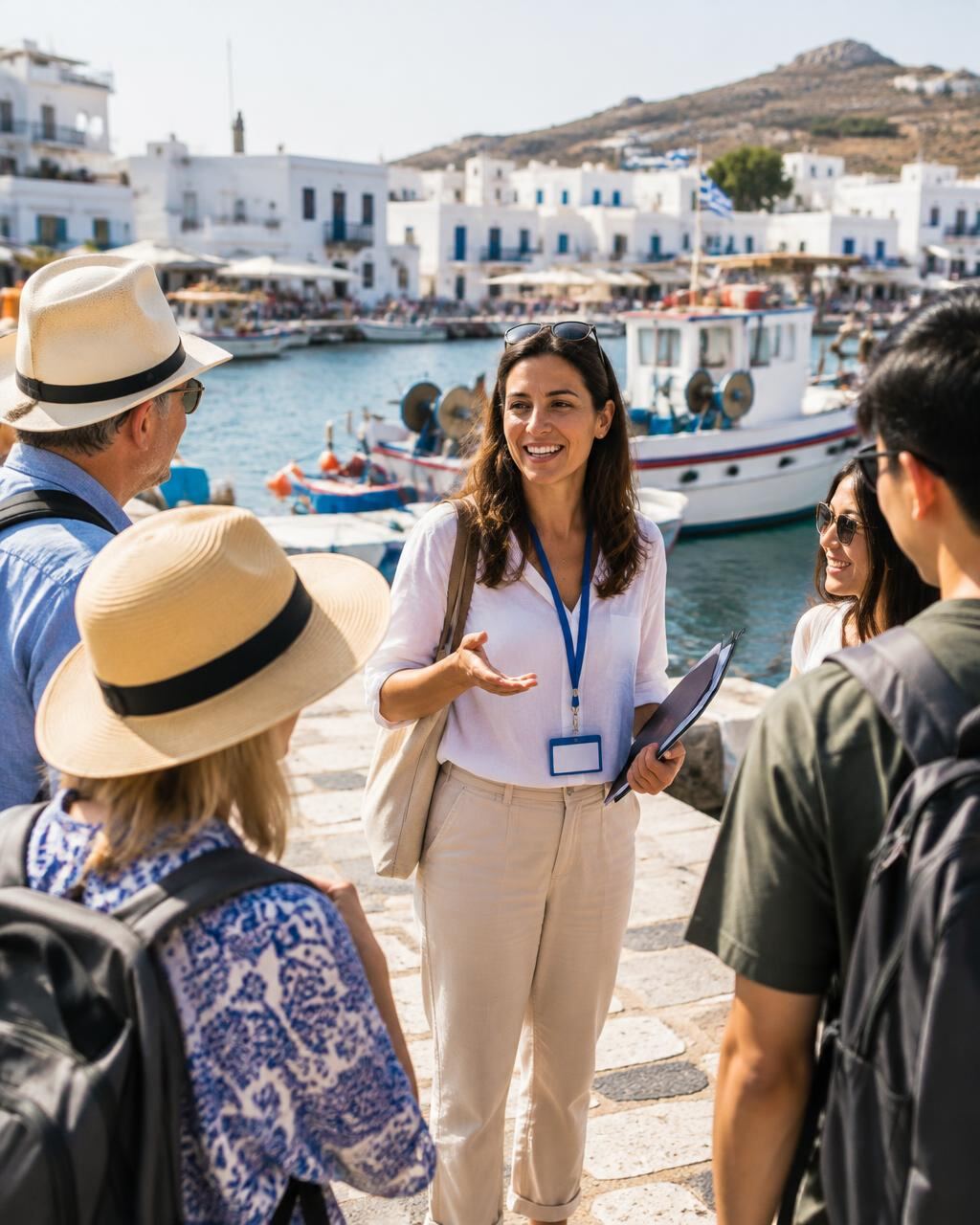 A coordinator welcoming a travel group at a Greek harbour