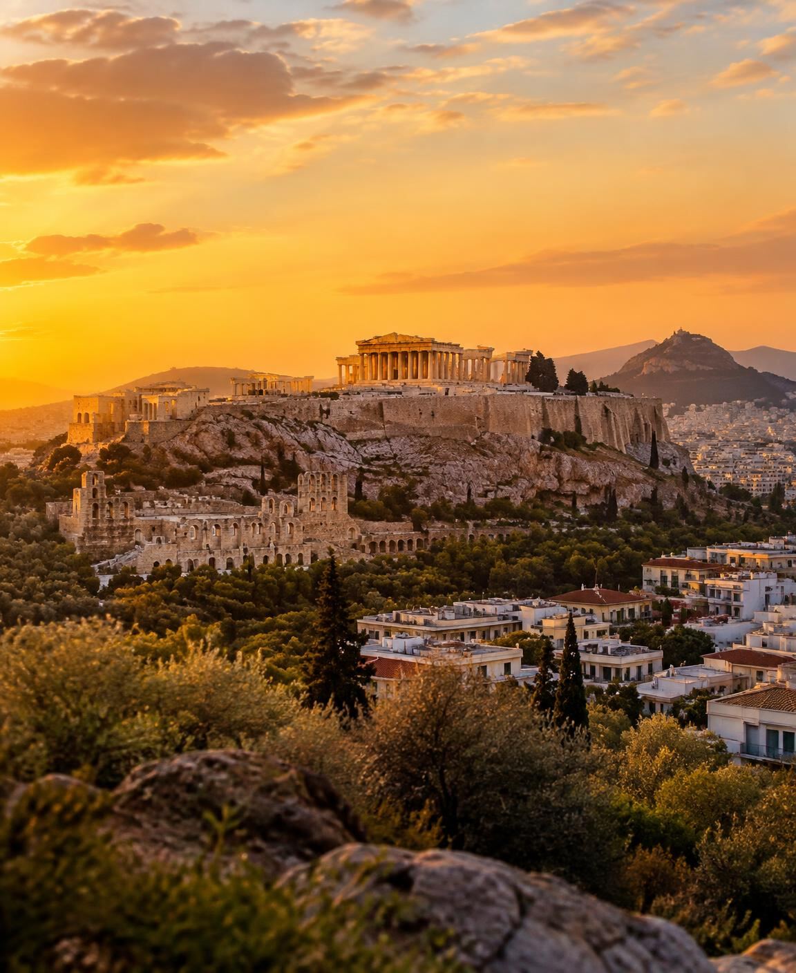 Ancient monuments of Athens in warm evening light