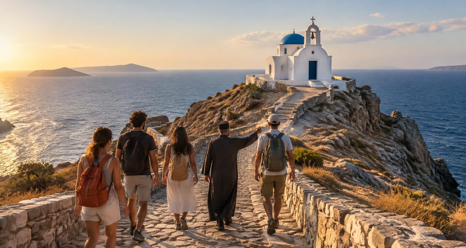 A small group of travellers walking a stone path towards a whitewashed chapel above the Aegean Sea