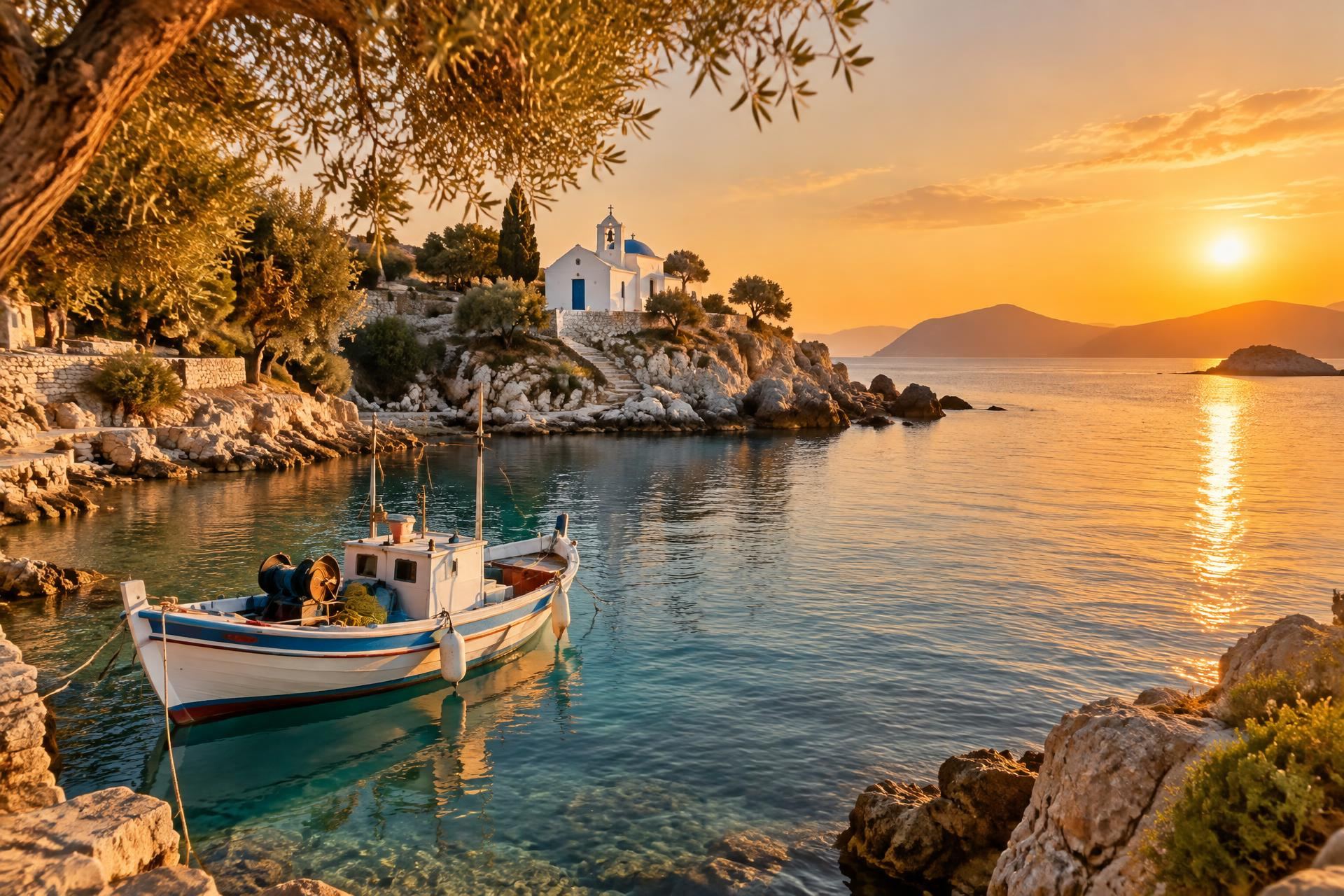 A traditional fishing boat in a calm Greek bay at sunset, with a whitewashed chapel on the headland