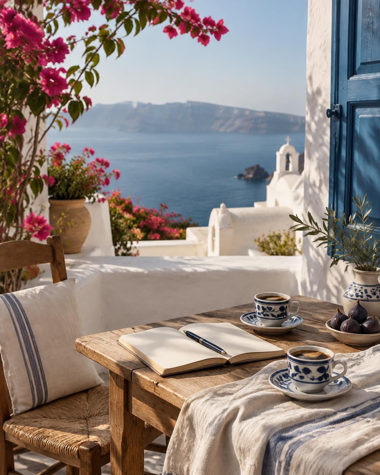 A table with an open notebook and Greek coffee on a whitewashed terrace overlooking the Aegean Sea