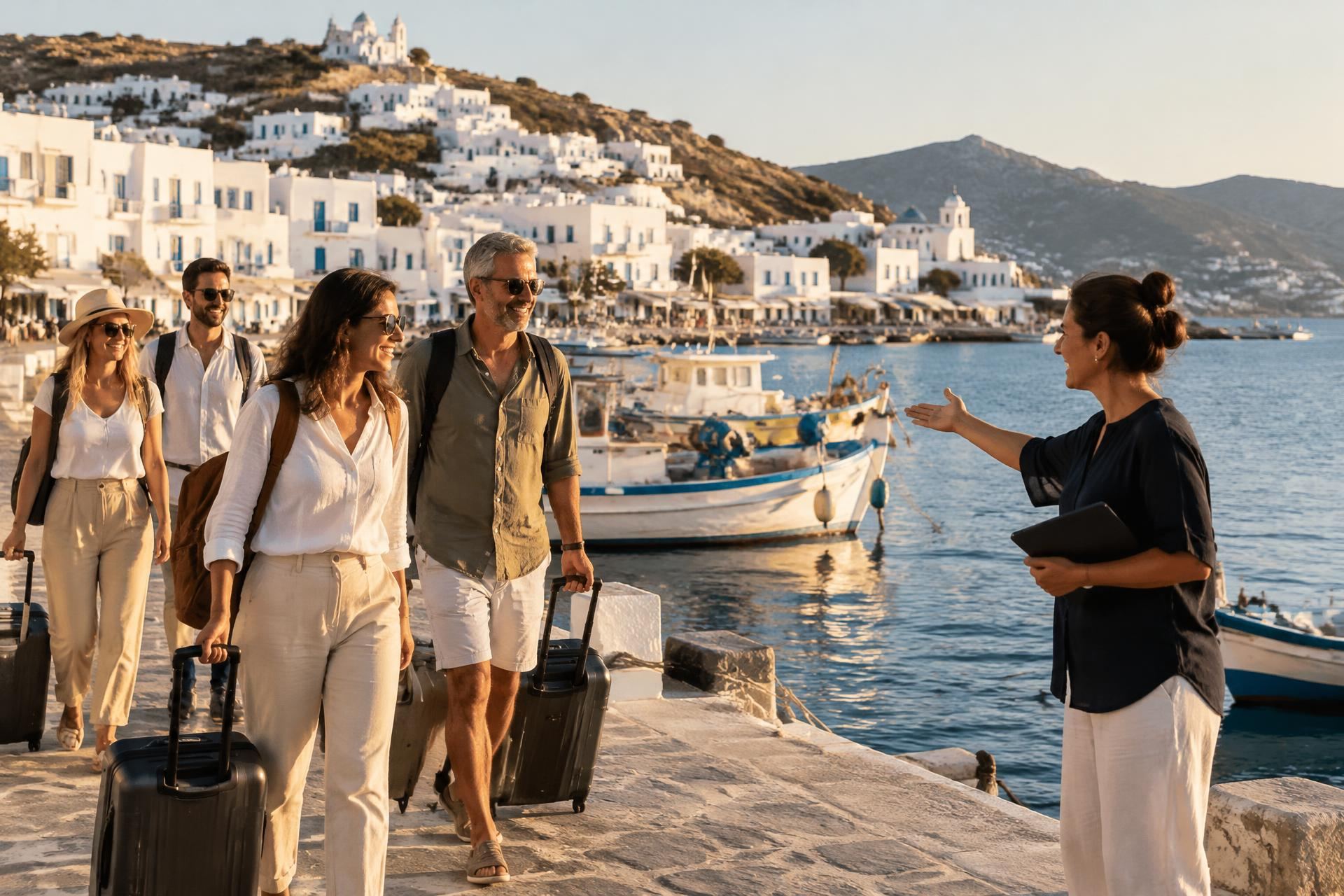 A travel coordinator welcoming a group of travellers with luggage on a whitewashed Greek island harbour