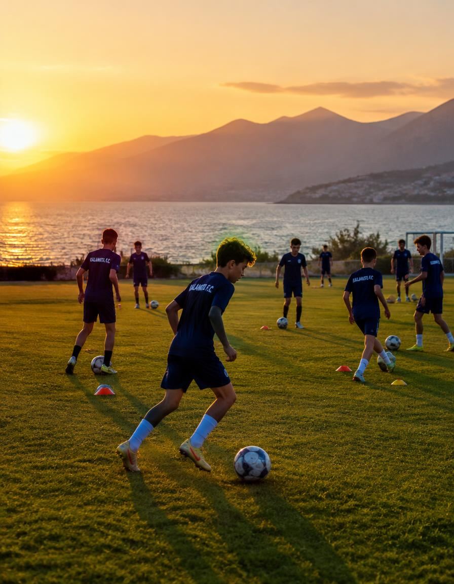 Youth football team training by the sea at sunset