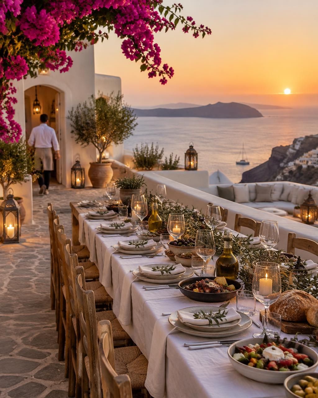 A long table set for a group dinner on a whitewashed hotel terrace overlooking the Aegean at sunset