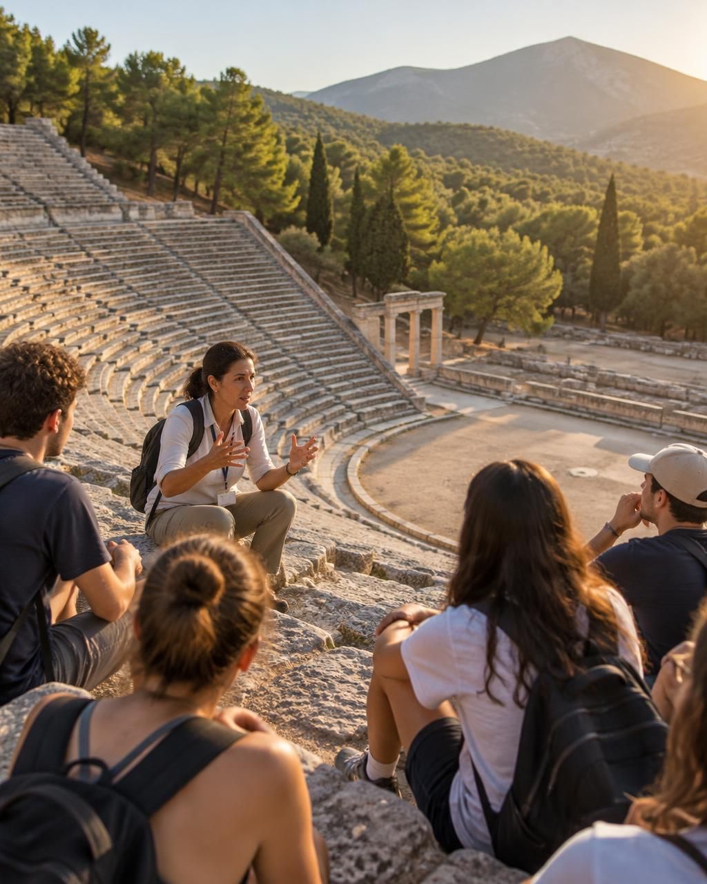 A guide speaking to a group of students seated in the ancient theatre of Epidaurus