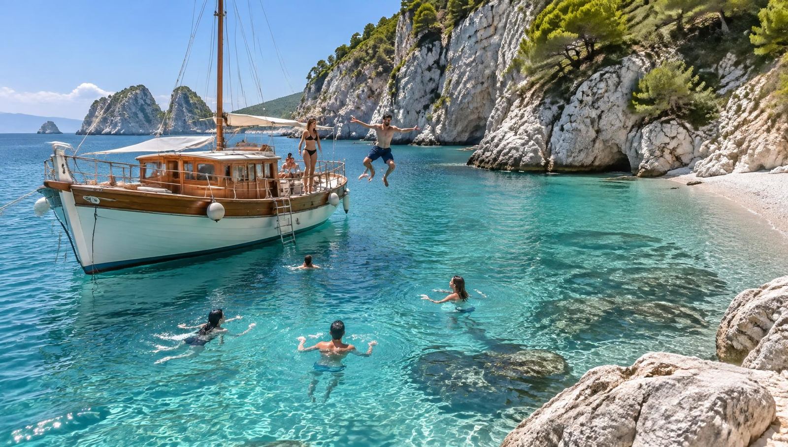 A traditional wooden boat anchored in a turquoise Greek bay with people swimming nearby
