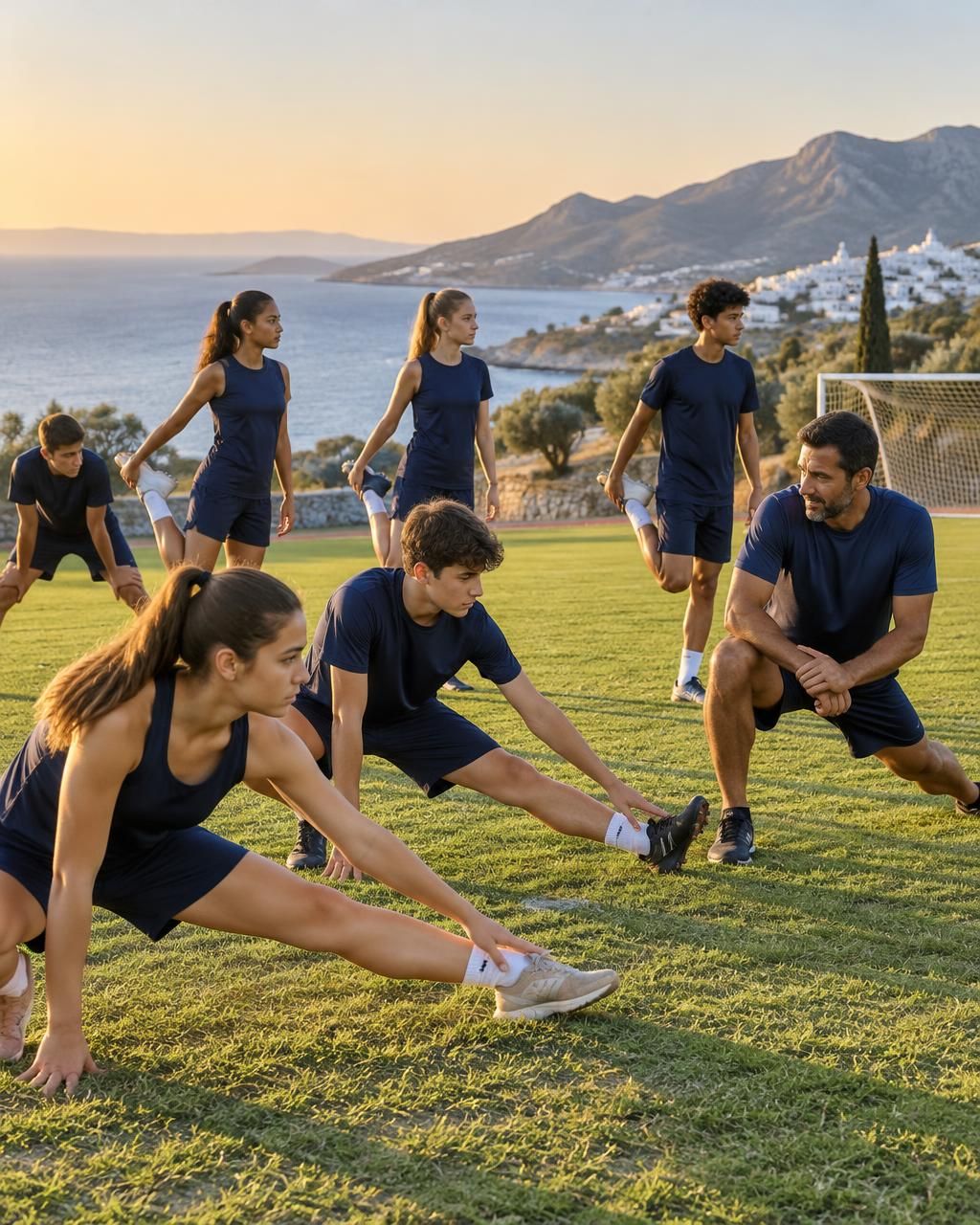 A youth team stretching with their coach on a training pitch above the sea
