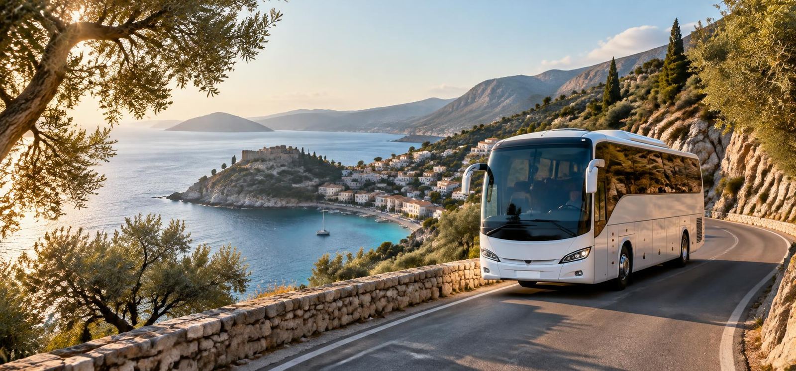 A private coach travelling along a winding coastal road above a Greek bay